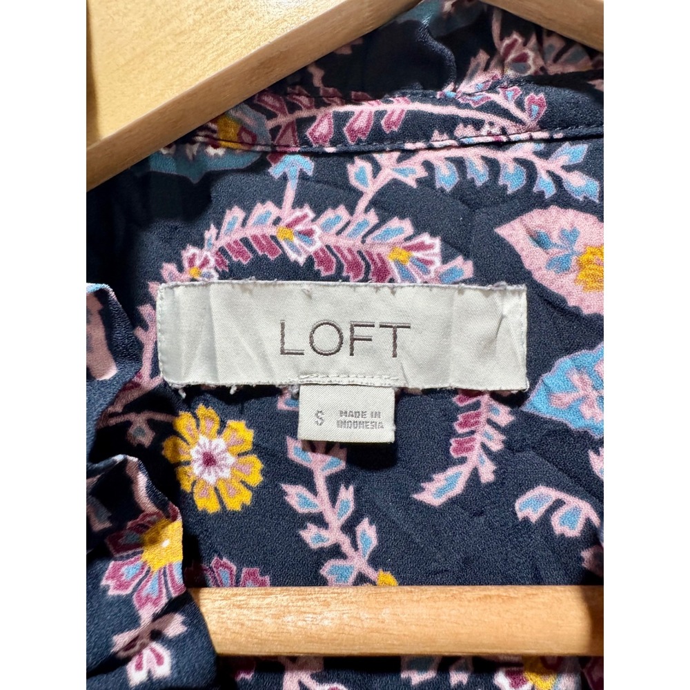 LOFT Navy Blue Floral Paisley Ruffle Neck Tie Front Blouse Long Sleeve Small - Picture 5 of 5
